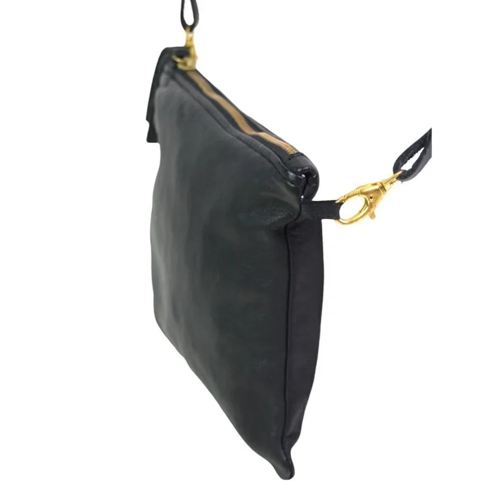 Noonday Collection BLACK GENUINE LEATHER X-BODY SHOULDER BAG CLUTCH PURSE